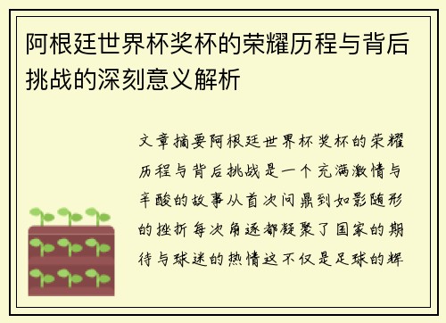 阿根廷世界杯奖杯的荣耀历程与背后挑战的深刻意义解析