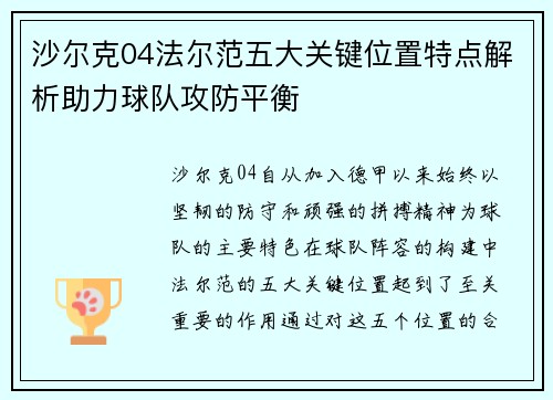 沙尔克04法尔范五大关键位置特点解析助力球队攻防平衡